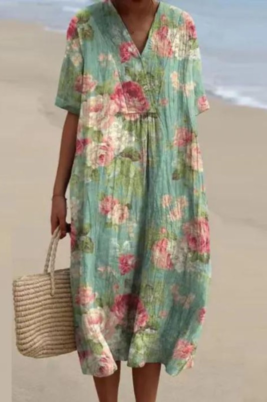 Fashion Retro Floral Print Loose V-Neck Casual Straight A-Line Pullover Dress