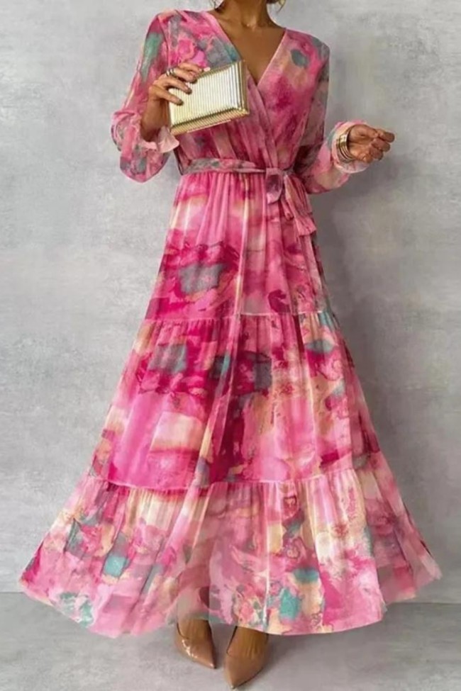 Elegant V Neck Pleated Printing Wedding Up Long Office A-Line Boho Maxi Dresses