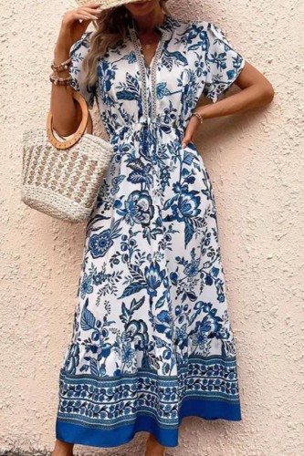 Women's Bohemian Fashion Casual Blue Printed Dress