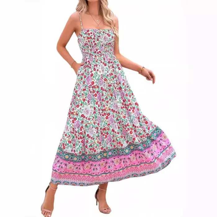 Women's Fashion Sleeveless Vintage Floral Bohemian Sexy Adjustable Straps with Pockets