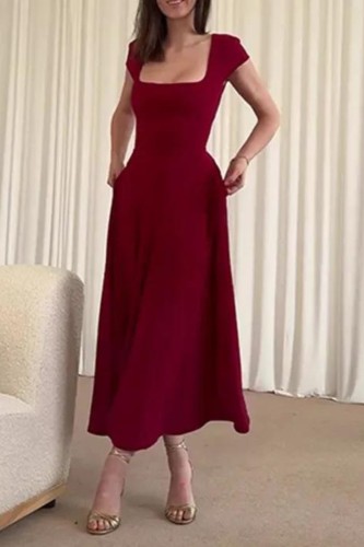 Fashion French Square Neck Temperament High Waist Lace-up Party Solid Color Dress