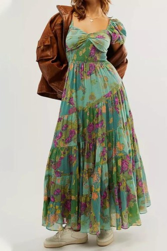 Women's Bohemian Retro Floral Print Puff Sleeves Ruffled Sexy Backless Ruffle Dress