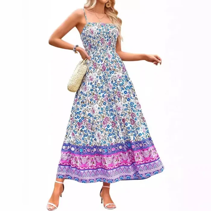 Women's Fashion Sleeveless Vintage Floral Bohemian Sexy Adjustable Straps with Pockets
