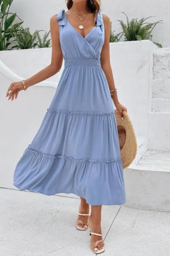 Women's Elegant V-neck Fashion Solid Color Suspender High Waist Dress