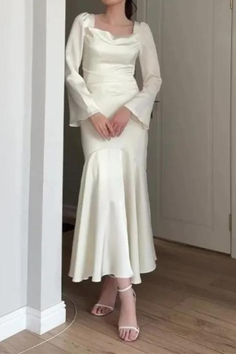 Fashion French Square Neck Long Sleeve Solid Color Elegant Splicing Long Dress