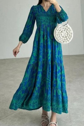 Women's Bohemian V-neck Lantern Sleeve Printed High Waist Retro Slim Long Dress