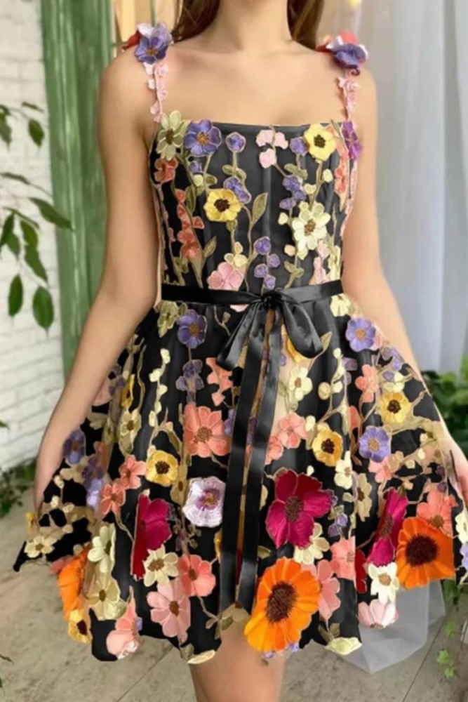 3D Floral Embroidery Sexy Elegant Chic Evening  Backless Spaghetti Strap  Mini Dresses