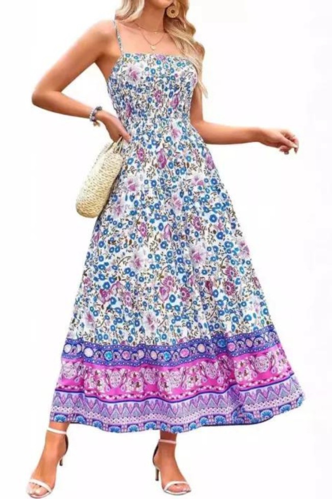 Women's Fashion Sleeveless Vintage Floral Bohemian Sexy Adjustable Straps with Pockets