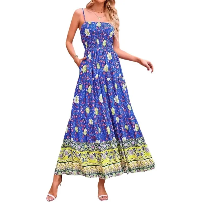 Women's Fashion Sleeveless Vintage Floral Bohemian Sexy Adjustable Straps with Pockets
