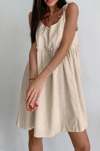 Summer Linen Elegant Spaghetti Straps A-Line Loose Fashion Ruffle Lace-Up Sexy Dresses