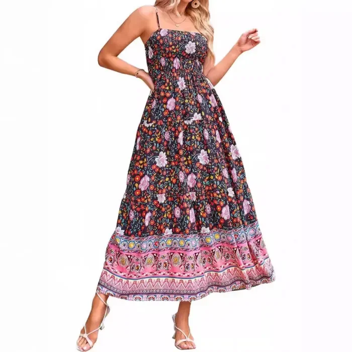 Women's Fashion Sleeveless Vintage Floral Bohemian Sexy Adjustable Straps with Pockets