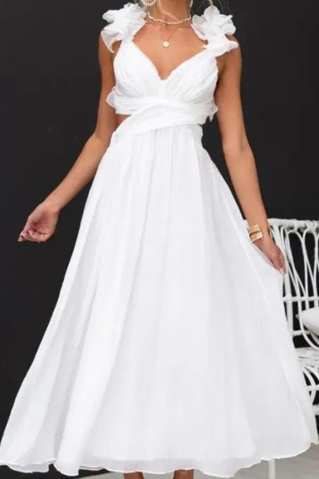 Elegant V Neck Cross Pleated Sexy Hollow Out Backless Lace Up Slim Long Dress