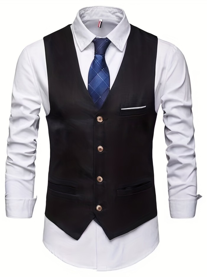 V Neck Smart Suit Vest, Men's Casual Retro Style Solid Color Single Breasted Waistcoat For Dinner Suit Match