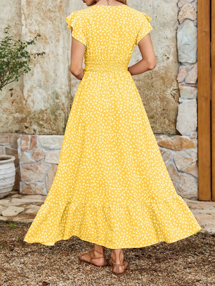 Allover Print Surplice Neck Dress, Elegant Ruffle Sleeve Shirred Waist A-line Dress For Spring & Summer, Women's Clothing