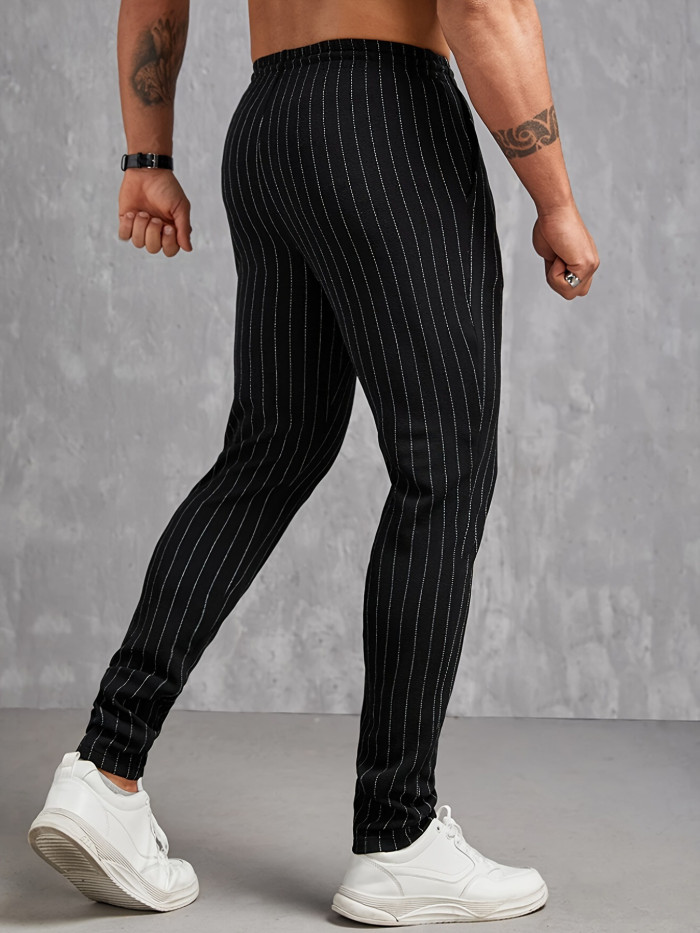 Contrast Color Stripe Pattern Men's Regular Fit And Cuffed Pants With Drawstring And Pockets, Chic And Casual Trousers Suitable For Outdoors And Business Wear