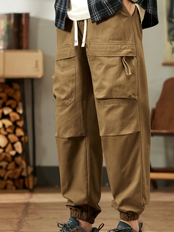 Men's Cuffed Cargo Pants With Drawstring And Pockets In Solid Color, Loose Fit And Trendy For Casual Wear