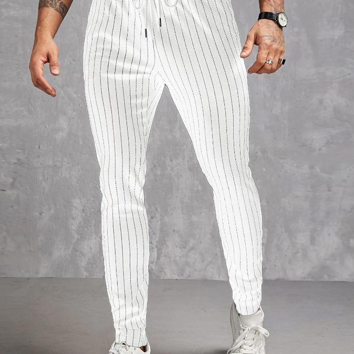 Contrast Color Stripe Pattern Men's Regular Fit And Cuffed Pants With Drawstring And Pockets, Chic And Casual Trousers Suitable For Outdoors And Business Wear