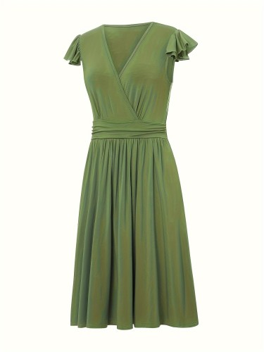 Solid Color Surplice Neck Dress, Elegant Flutter Sleeve Ruffle Hem Midi Dress, Women's Clothing