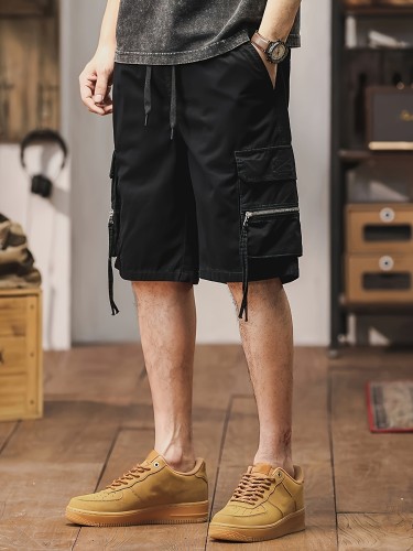 Men's Loose 100% Solid Shorts With Multi Pockets, Casual Drawstring Shorts For Summer