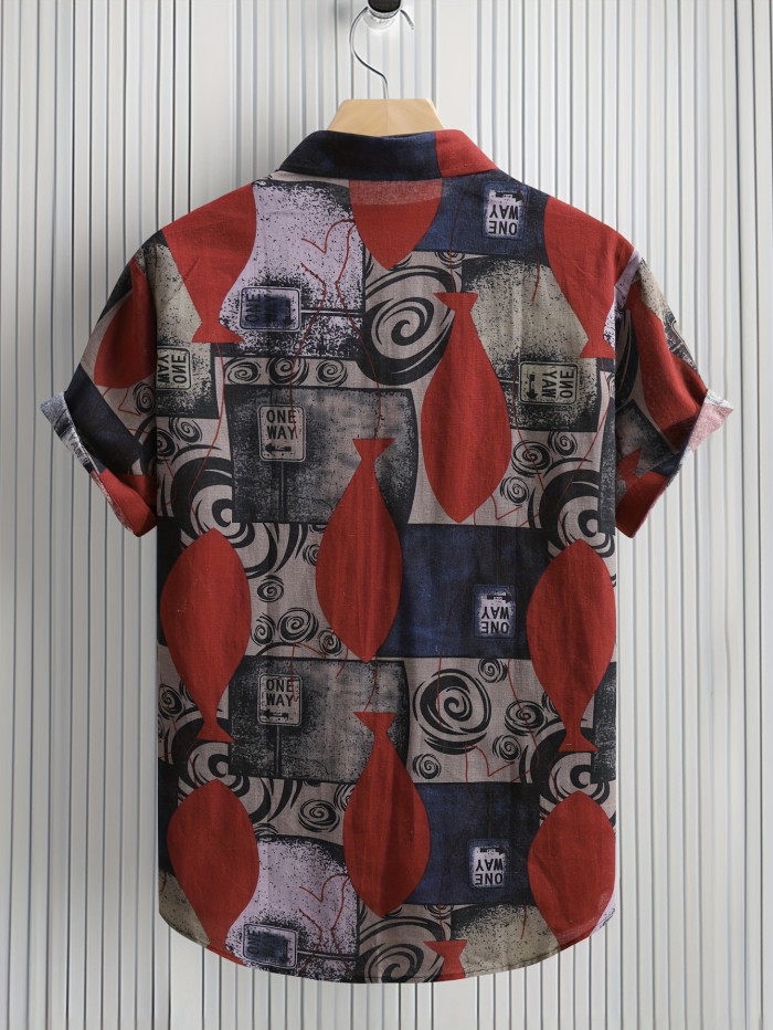 Stylish Mens Geometric Print Shirt - Breathable, Loose Fit, Short Sleeve, Lapel Collar, Button Up, Casual Wear for Summer Outdoor Activities and Daily Life