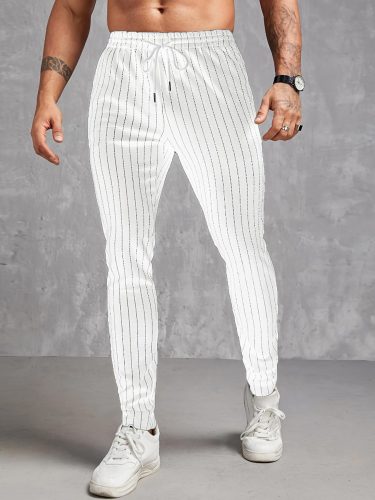 Contrast Color Stripe Pattern Men's Regular Fit And Cuffed Pants With Drawstring And Pockets, Chic And Casual Trousers Suitable For Outdoors And Business Wear