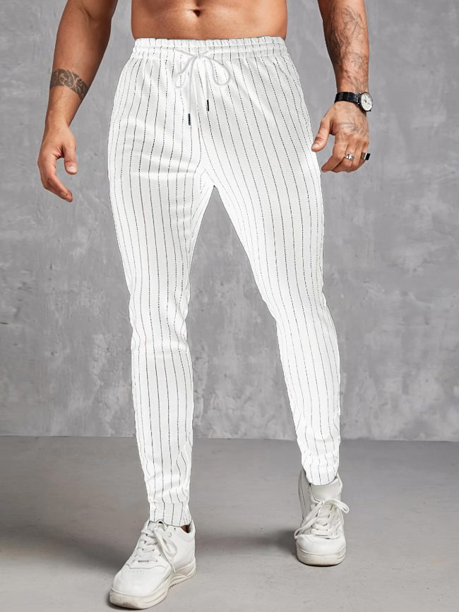 Contrast Color Stripe Pattern Men's Regular Fit And Cuffed Pants With Drawstring And Pockets, Chic And Casual Trousers Suitable For Outdoors And Business Wear