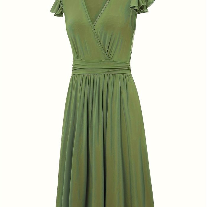 Solid Color Surplice Neck Dress, Elegant Flutter Sleeve Ruffle Hem Midi Dress, Women's Clothing