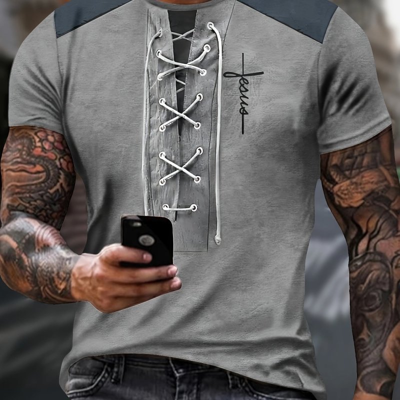 Men's Summer Fashion T-shirt, Letter Print Contrast Color Deep Tied Henley Neck And Short Sleeve Tee, Chic And Trendy Sports Tops For Outdoors Leisurewear
