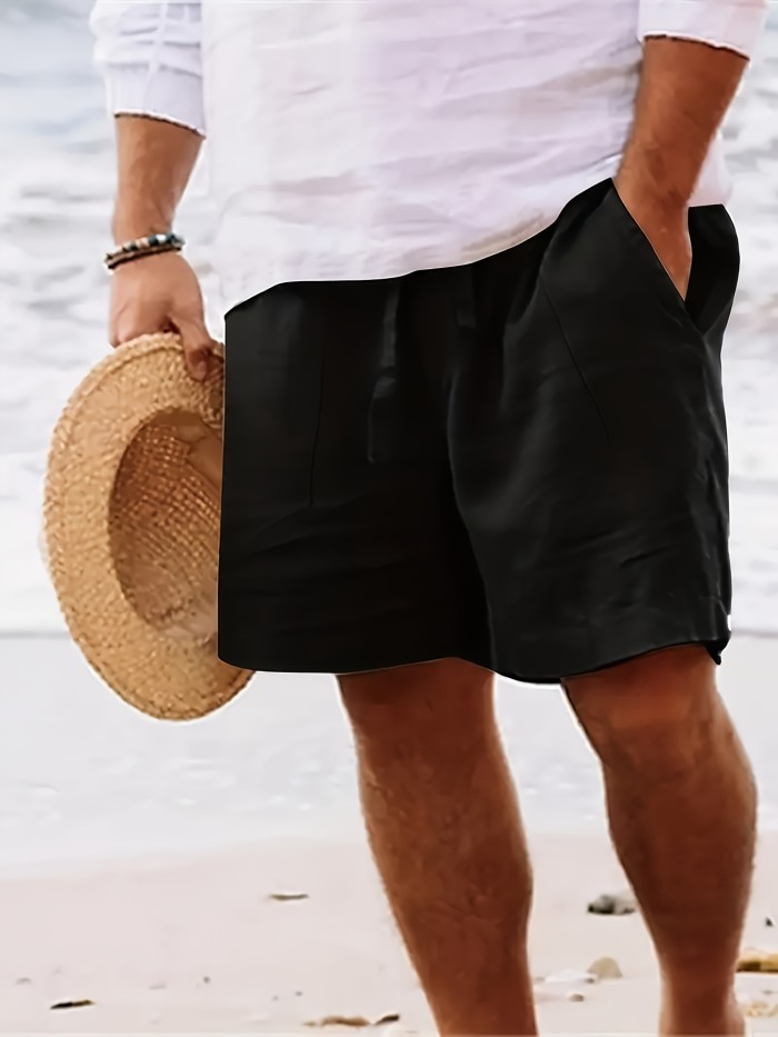 Men's Summer Shorts In Solid Color, Elastic Waistband With Drawstring, Straight Leg Breathable Casual Mid-Length Beach Shorts