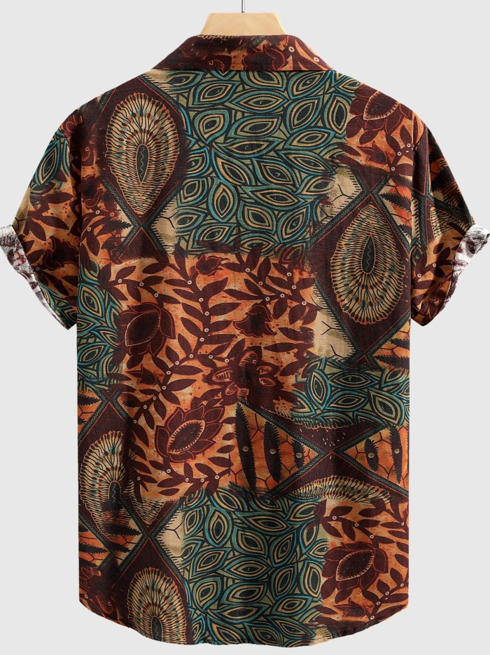 Stylish Mens Geometric Print Shirt - Breathable, Loose Fit, Short Sleeve, Lapel Collar, Button Up, Casual Wear for Summer Outdoor Activities and Daily Life