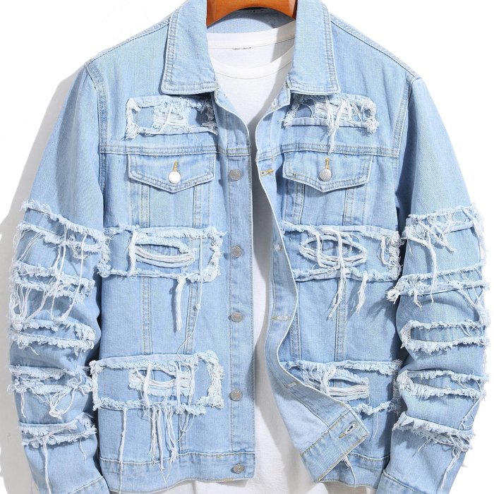 Men's Casual Raw Trim Button Up Denim Jacket, Chic Street Style Lapel Jacket