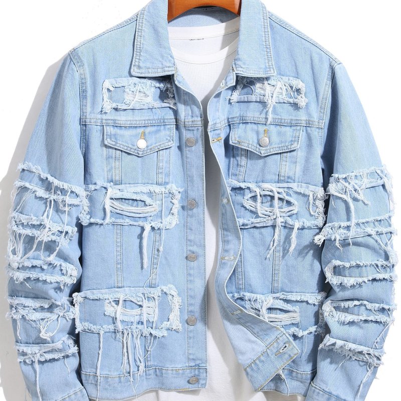 Men's Casual Raw Trim Button Up Denim Jacket, Chic Street Style Lapel Jacket