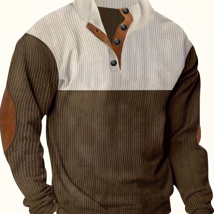 Men's Contrast Color Long Sleeve And Stand Collar Henley Shirt With Patchwork Pieces, Chic And Trendy Tops For Spring And Autumn Outdoors Leisurewear
