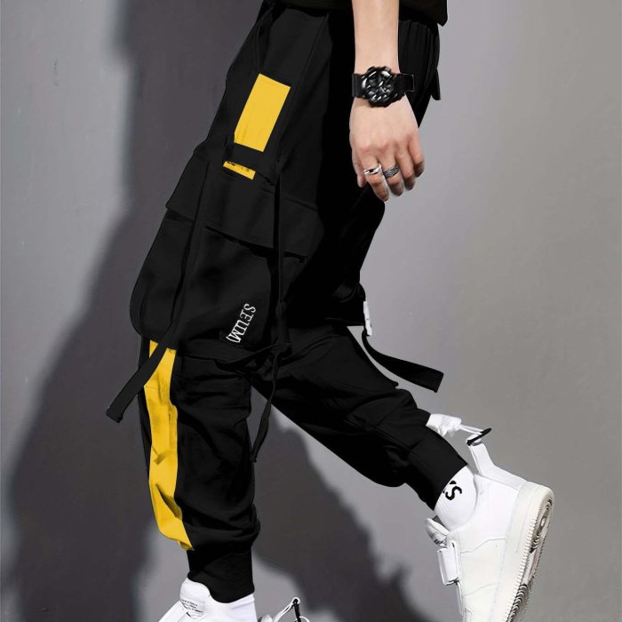 Multi-pocket Ribbon Design, Men's Color Block Cargo, Trendy Comfy Jogger Pants