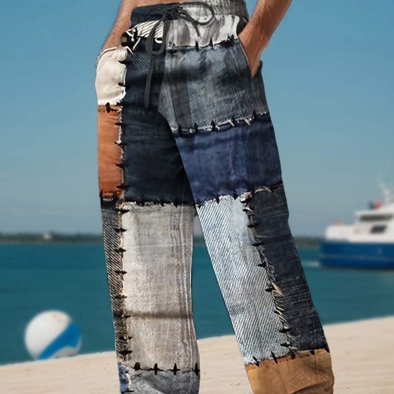 Men's 3D Color Blocked Patchwork Pattern Print Casual Drawstring Waist Beach Pants, Lightweight Outdoor Long Trousers For Summer
