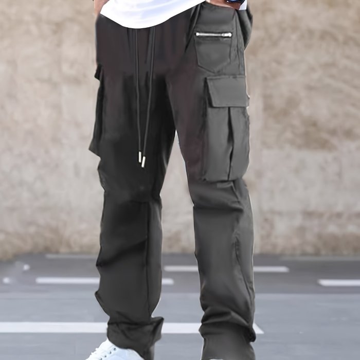 Mens Solid Long Drawstring Cargo Straight Leg Pants - Loose Fit, Non-Stretch Polyester, Multiple Pockets, Machine Washable - Perfect for Outdoor Sports, Beach, Weekend Casual, and Night Out