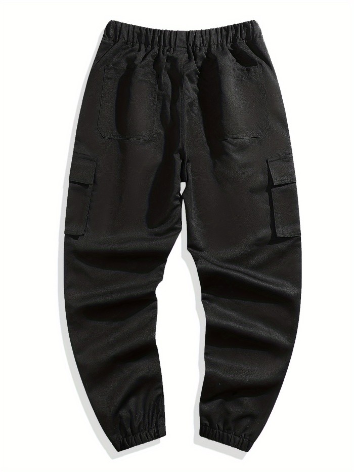 Men's Cuffed Cargo Pants With Pockets In Solid Color, Loose Fit And Trendy For Casual Wear And Outdoor Activity