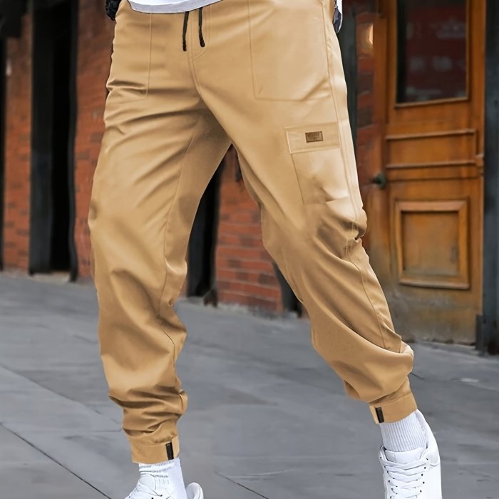 Men's Cuffed Casual Pants With Drawstring And Pockets In Solid Color, Perfect For Sports And Outdoors