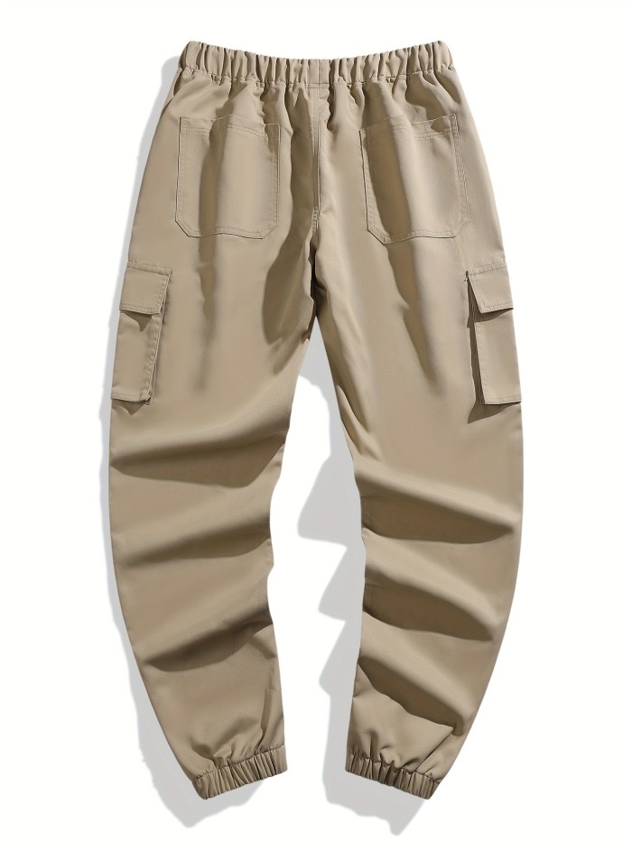 Men's Cuffed Cargo Pants With Pockets In Solid Color, Loose Fit And Trendy For Casual Wear And Outdoor Activity