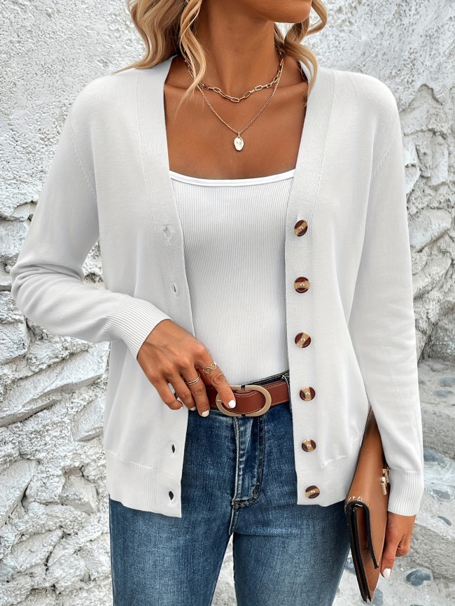 Solid Color Button Front Top, Elegant V Neck Long Sleeve Cardigans Top For Every Day, Women's Clothing