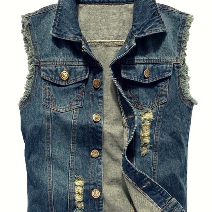 Men's Denim Vest Sleeveless Jacket Slim Fit Vintage Casual Ripped Summer Jean Vest for Men