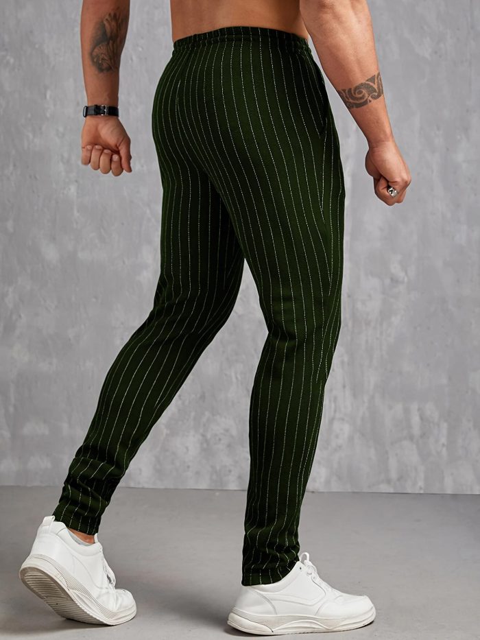 Contrast Color Stripe Pattern Men's Regular Fit And Cuffed Pants With Drawstring And Pockets, Chic And Casual Trousers Suitable For Outdoors And Business Wear