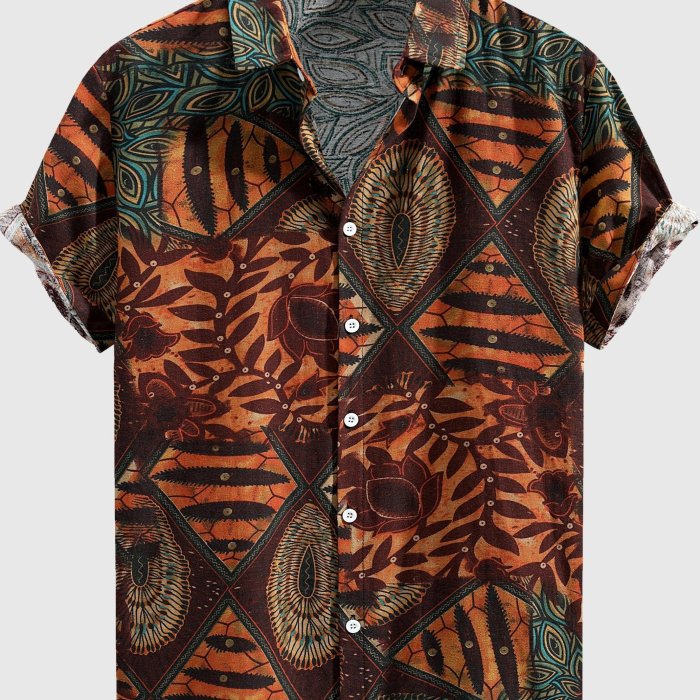 Stylish Mens Geometric Print Shirt - Breathable, Loose Fit, Short Sleeve, Lapel Collar, Button Up, Casual Wear for Summer Outdoor Activities and Daily Life
