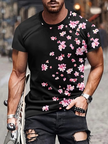 Mens Vibrant Floral Print Short Sleeve Crew Neck T-Shirt - Breathable, Soft, and Comfortable Casual Tee for Summer Outdoor Activities - Ideal Mens Clothing for Warm Weather