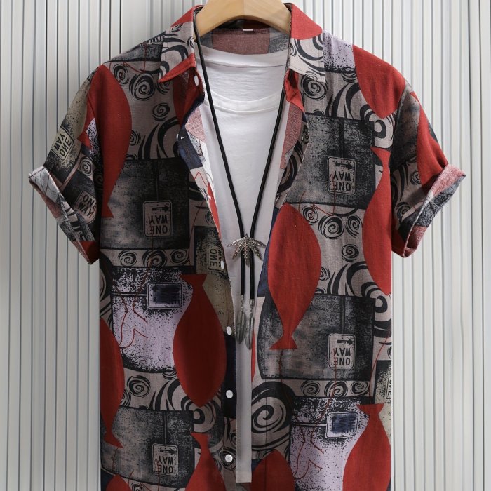 Stylish Mens Geometric Print Shirt - Breathable, Loose Fit, Short Sleeve, Lapel Collar, Button Up, Casual Wear for Summer Outdoor Activities and Daily Life