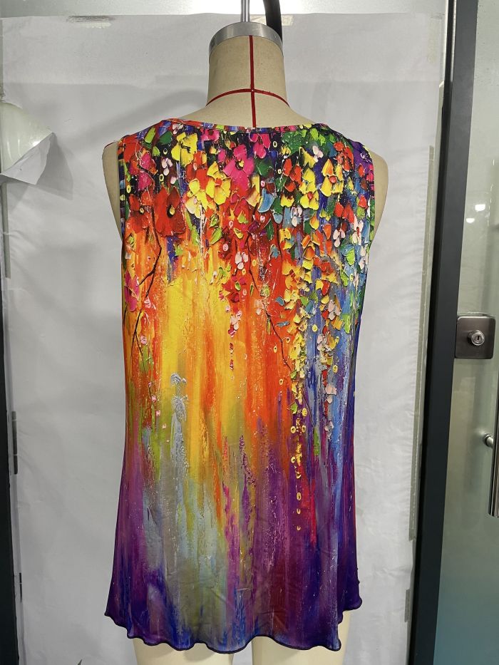 Vibrant Tie Dye V Neck Zipper Top - Soft Mid-Elastic Dacron and Spandex Blend, Casual Sleeveless Summer Top for Women - Random Printing, Knit Fabric, All Season Wear