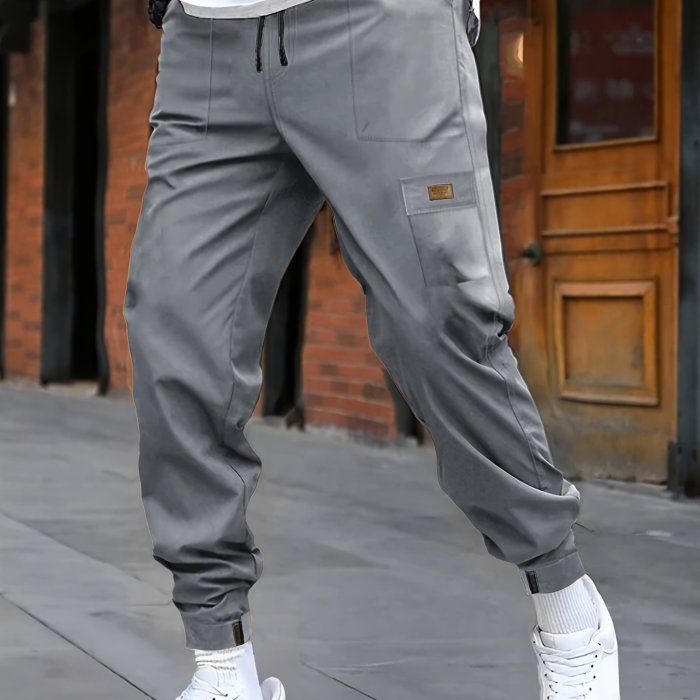 Men's Cuffed Casual Pants With Drawstring And Pockets In Solid Color, Perfect For Sports And Outdoors