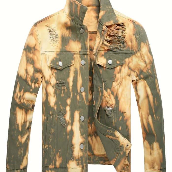 Men's Fashion Street Style Ripped Denim Jacket, Men's Stylish Comfy Coat For Spring & Autumn Wear