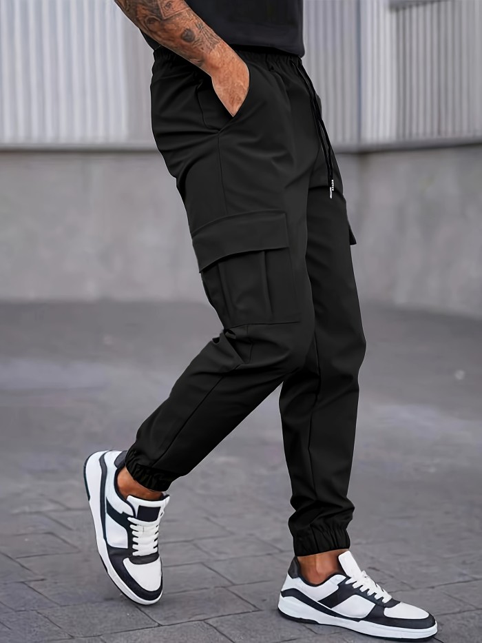 Men's Cuffed Cargo Pants With Pockets In Solid Color, Loose Fit And Trendy For Casual Wear And Outdoor Activity
