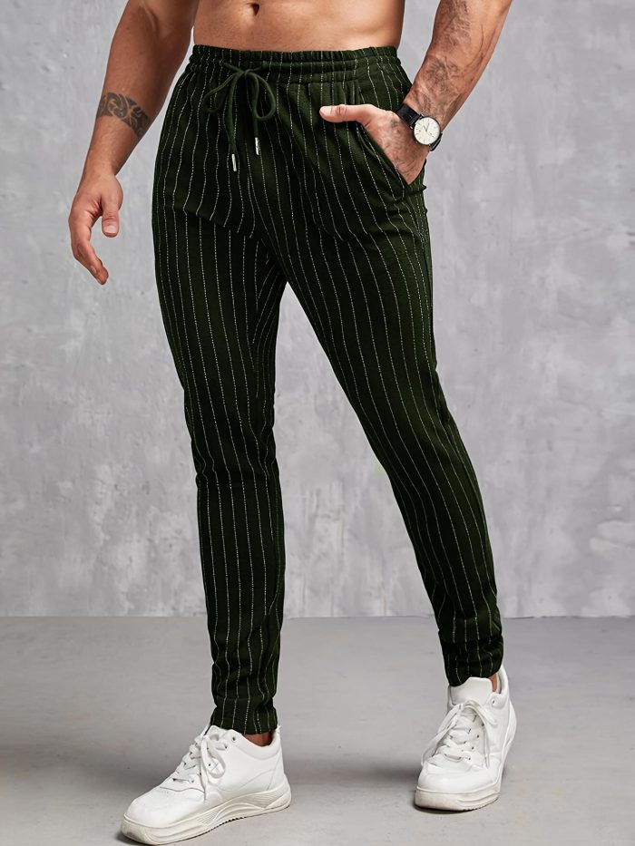 Contrast Color Stripe Pattern Men's Regular Fit And Cuffed Pants With Drawstring And Pockets, Chic And Casual Trousers Suitable For Outdoors And Business Wear